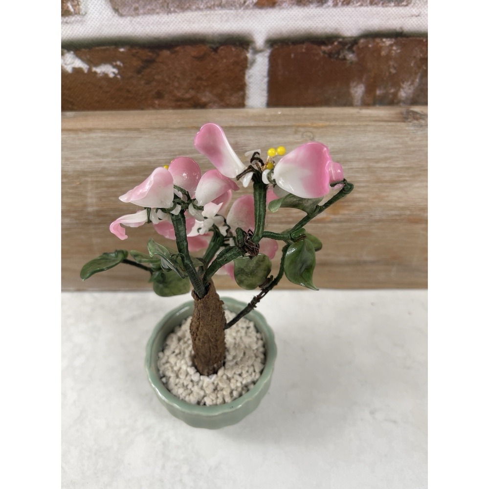 Vintage Chinese Glass Bonsai Tree Celadon Jade Color Pot Agate Quartz Flowers 6" - Picture 8 of 10